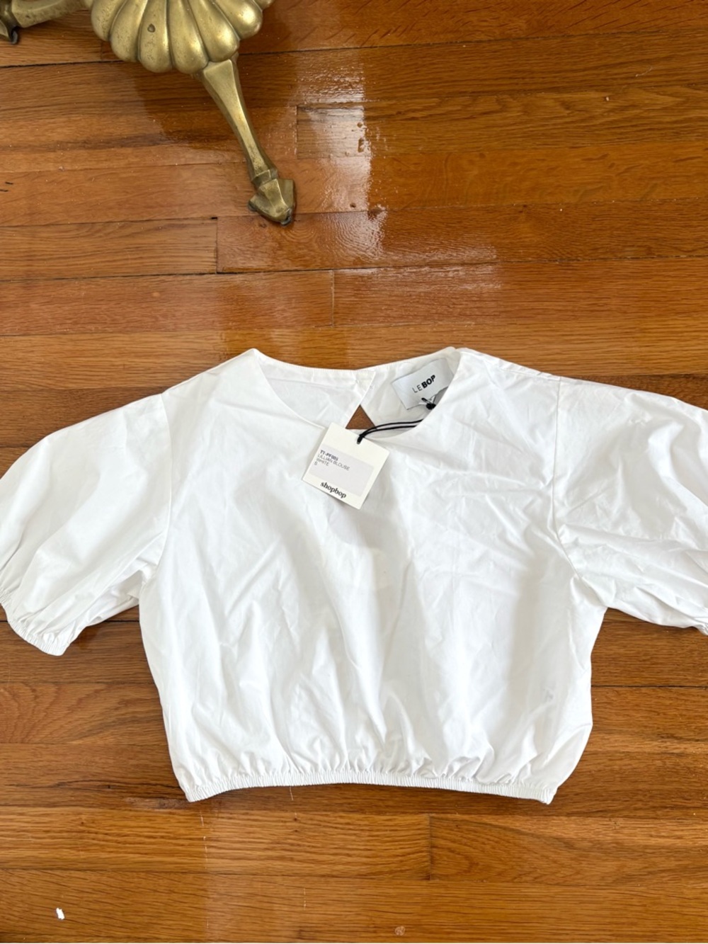Le Bop White Puff Sleeve Cropped Blouse Cotton Elastic Hem Top Size S